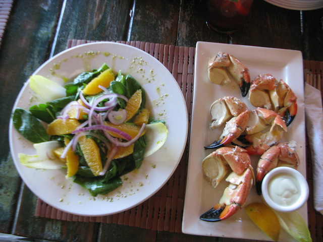 Stone crab claws and salad at Tippy's