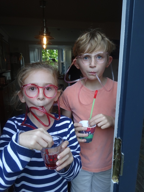 Indi and Vivi wearing their drinking straw glasses