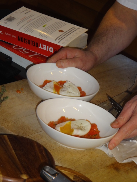Delicious poached eggs with tomato fondue