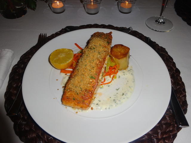 Olive and herb crusted salmon, with dill sauce, fondant potatoes and carrots and leeks - grown at Governors Estate !