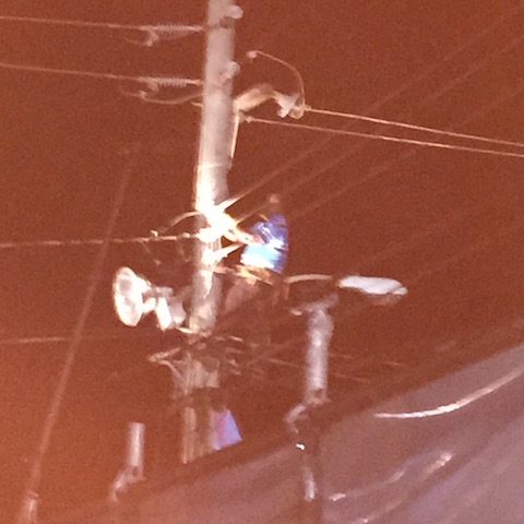 When the lights went out - overload !! - there was our BEC man up the pole fixing it .....