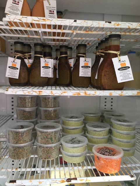 Salad dressings , taboulah, spinach dip - make sure you check out the fridges