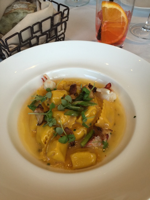 The appetizer I ate at Valentino Cucina - corn puree filled tortellini with lobster and asparagus - simply divine !