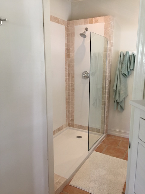 Newly installed shower in the downstairs bathroom at the Yellow House.