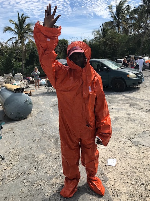 These survival suits we found when clearing out another box - modeled beautifully by Ivan - one of our willing helpers ! 