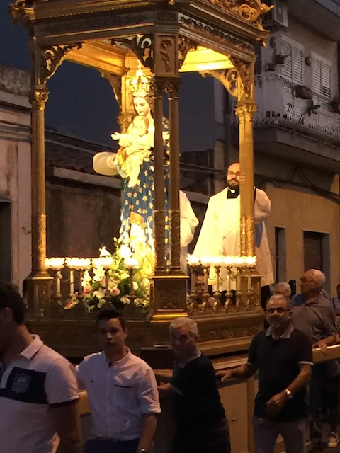 A typical Sicilian saints day parade which we had to stop and allow to pass before we went on our way to a restaurant......