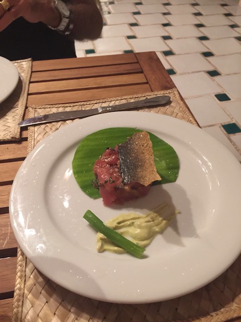 Tuna ceviche with crispy salmon skin and wasabi 