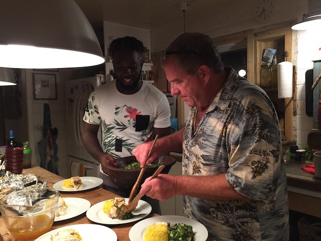 Dan and Charles busy serving up the turbot. O f course in my haste to consume it there are no pictures of Larry's famous clam chowder ! 