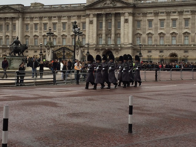 The Royal Guards - in their grey overcoats so you cannot see their beautiful red jackets....