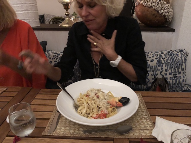 Delicious stone crab pasta at lL Bougainvillea with great friends Clemens and Nancy