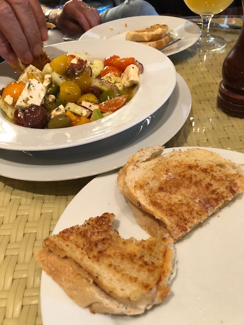 Lunch this week at Bacchus Fine Foods - melted cheese sandwich and Greek salad - yummy..... A real favorite of ours.